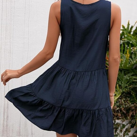 Sleeveless Tank Dresses Lace-Up Tassel Cover-Up Casual Summer Solid Mini Dress - Picture 3 of 4